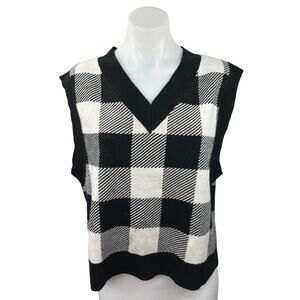 H&M White Checkered Plaid Gingham Sleeveless Knit V-neck Sweater Vest Top S